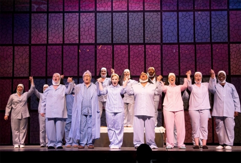 Sister Act Broadway musical costume rentals - nuns in pajamas - Stagecraft Theatrical Rental - 800-499-1504
