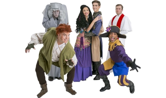 Rental Costumes for Hunchback of Notre Dame - Back Row (Left to right) Gargoyle, Esmeralda, Captain Phoebus de Martin, Father Dupin. Front Row (Left to right) Quasimodo, Clopin Trouillefou
