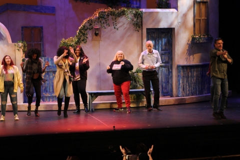Mamma Mia Broadway musical scenery rental - the village - Stagecraft Theatrical - 800-499-1504