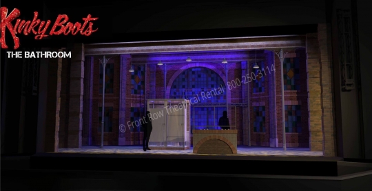 Kinky Boots musical broadway set design rental - bathroom   - front row theatrical - 800-250-3114