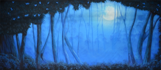 Blue Night Forest backdrop by Grosh Backdrops and Drapery is used in Addams Family, Into the Woods, Beauty and the Beast, Peter Pan,