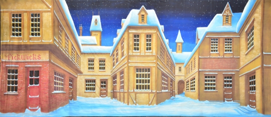 Grosh English winter Village backdrop used in productions of Scrooge