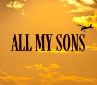 Image of a plane flying in an orange sky with the words all my sons in brown text