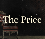 Old ornate armchair in a dark room with the words The Price in off-white colour over the image