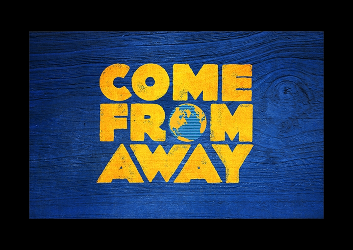 Come From Away Show logo. Yellow text on a blue background.