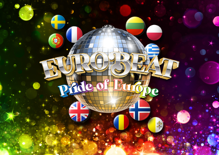 Eurobeat logo disco ball surrounded by country flags