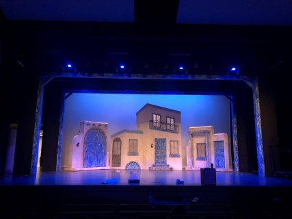 Mamma Mia scenery rental ---- the village ---stagecraft theatrical 800-499-1504