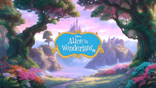 A colorful forest showing a castle in the background with the logo of Disney's Alice in Wonderland JR