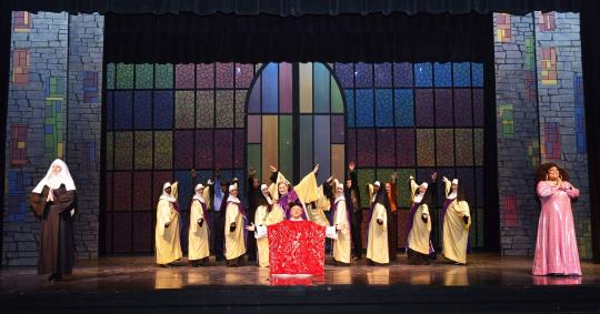 Sister Act broadway set rental ---- stained glass wall and Church --- Stagecraft Theatrical 800-499-1504