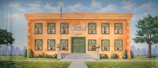 School Exterior Backdrop School Exterior backdrop used in productions of Grease and High School Musical