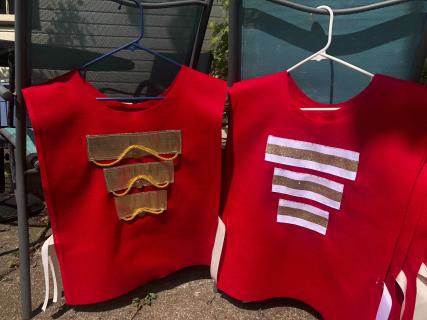Boys band bib-style top, red felt, gold trim