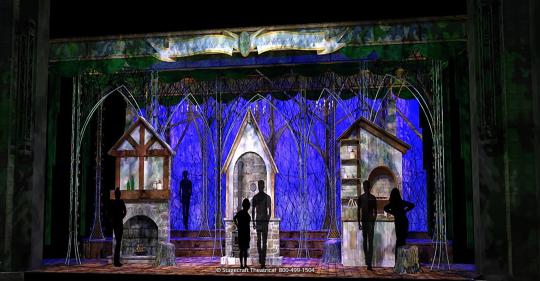 Into the Woods set rental - Act One Opening with houses - Stagecraft Theatrical - 800-499-1504