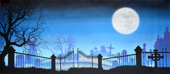 Graveyard with full moon backdrop is ideal for production of the Addams Family