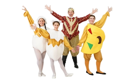 Rental Costumes for Something Rotten - Eggs, Omlette, and Toby Belch as King Trick