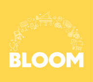 Text logo of the word BLOOM on a yellow background with small icon drawings of various items from the show