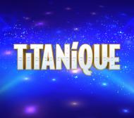 Titanique text logo with a sparkling, blue disco background