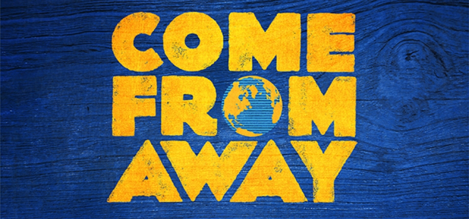 Come From Away Show logo. Yellow text on a blue background.