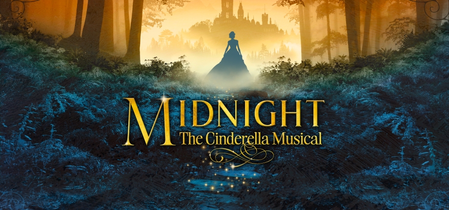 Midnight musical logo over a background of dark foliage and a silhouette of Cinderella and Castle 