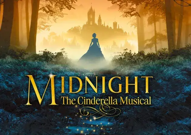 gold text of Midnight the cinderella musical on a blue and yellow background of the woods. The silhouette of a woman is in the middle with a castle in the background.