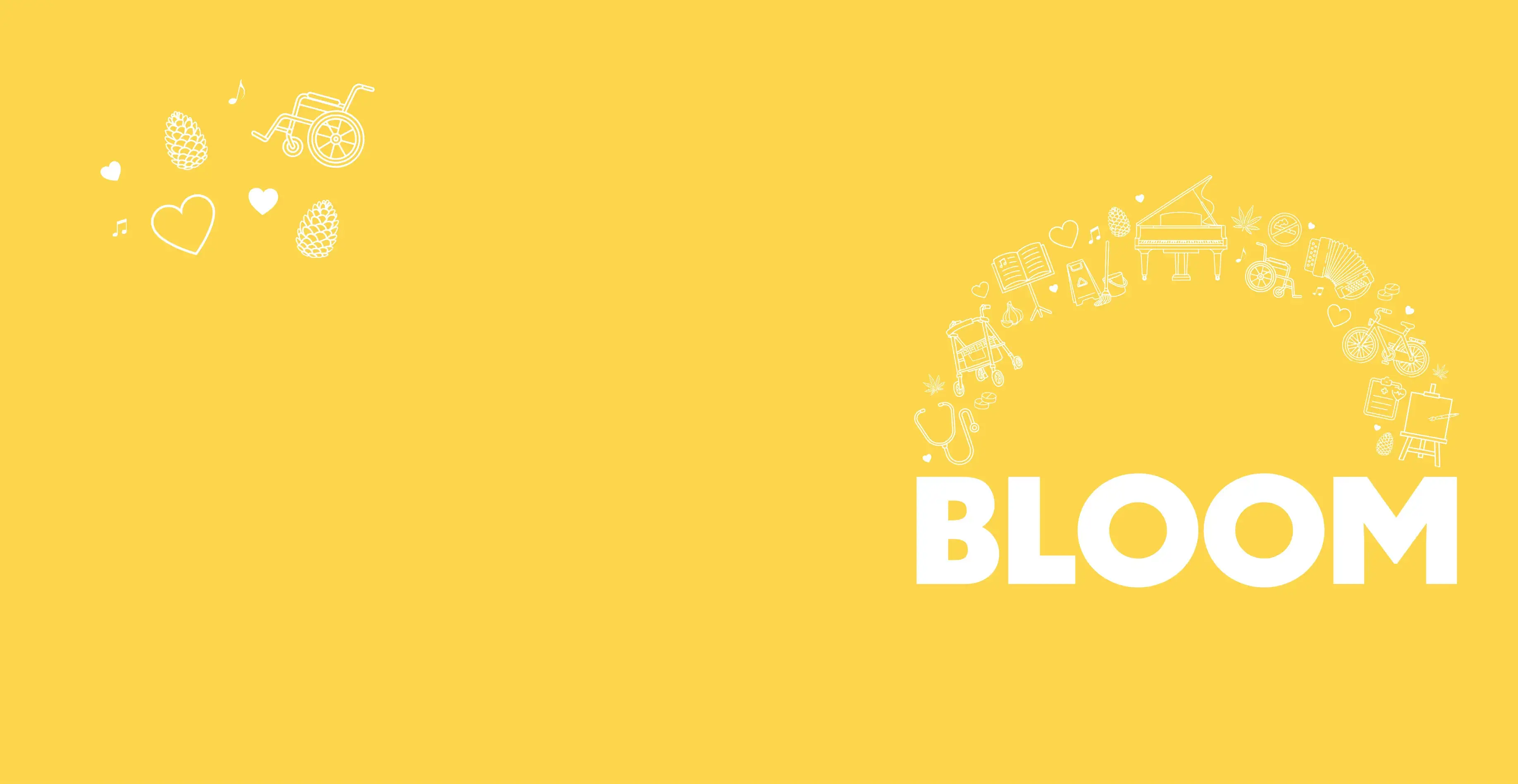 Text logo of the word BLOOM on a yellow background with small icon drawings of various items from the show