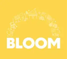 Text logo of the word BLOOM on a yellow background with small icon drawings of various items from the show