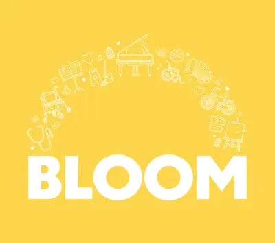 Text logo of the word BLOOM on a yellow background with small icon drawings of various items from the show
