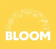 Text logo of the word BLOOM on a yellow background with small icon drawings of various items from the show