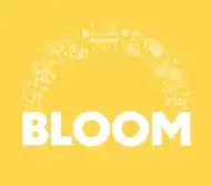 Text logo of the word BLOOM on a yellow background with small icon drawings of various items from the show