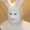 man wearing prosthetic makeup and a costume hood to look like a white rabbit.