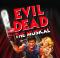 Evil Dead The Musical logo in red with a man and woman holding a chainsaw
