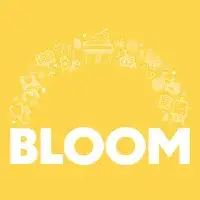 Text logo of the word BLOOM on a yellow background with small icon drawings of various items from the show