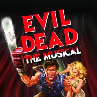 Evil Dead The Musical logo in red with a man and woman holding a chainsaw