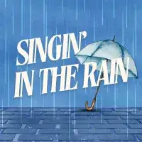 Blue water colour image of an umbrella and rain with the text singin in the rain