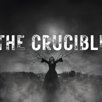 Black and white image of a girl on a stake with branches growing out of her arms. Smoke and dark lighting with The Crucible in rough looking letters