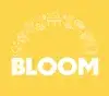 Text logo of the word BLOOM on a yellow background with small icon drawings of various items from the show