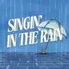 Blue water colour image of an umbrella and rain with the text singin in the rain